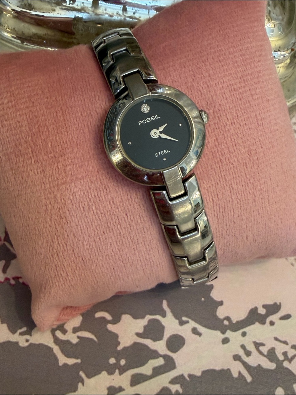 Fossil Arkitekt Silver-Tone Ladies Watch with Black Dial and Diamond Accent